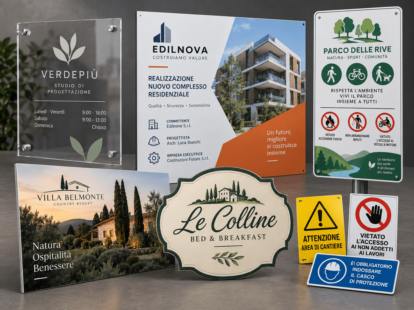 Esempi illustrativi di pannelli stampati, cartelli informativi e di cantiere, segnaletica di sicurezza e supporti sagomati